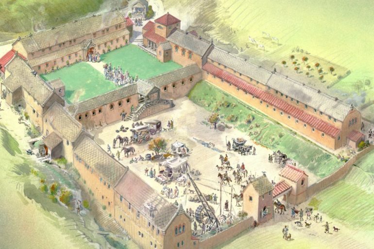 Een reconstructie van de Romeinse villa van Chedworth in de 4e eeuw