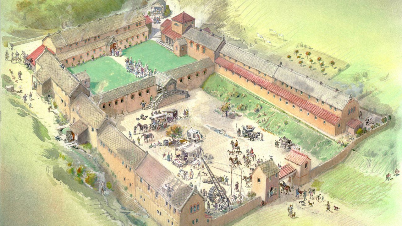 Una ricostruzione della villa romana di Chedworth nel IV secolo