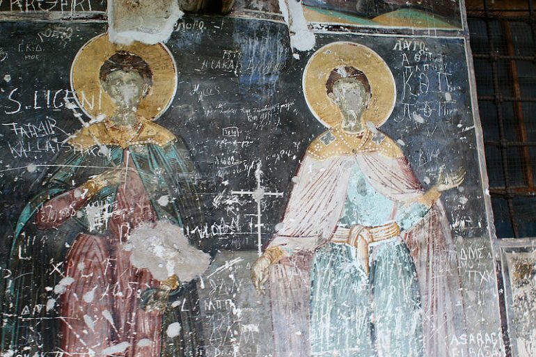 Een fresco in Voskopojë, Albanië