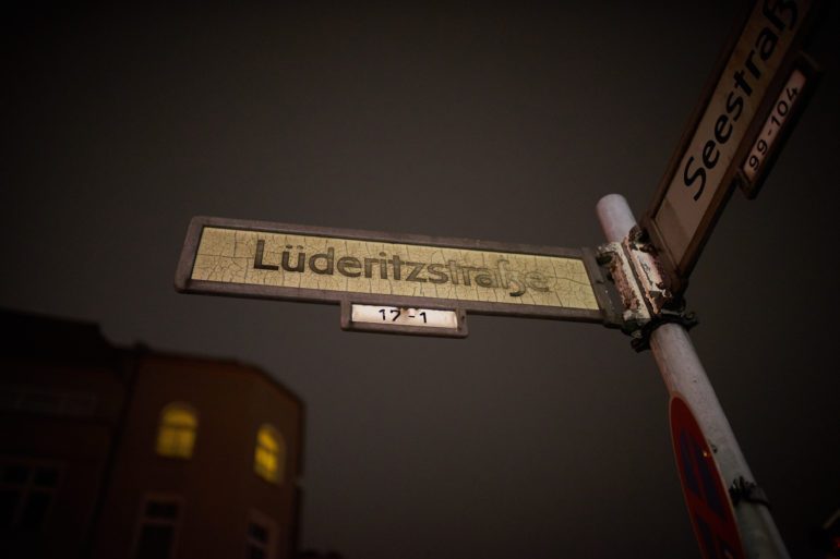 Street sign of Lüderitzstrasse, Berlin Lüderitzstrasse will be renamed Cornelius-Fredericks-Strasse