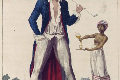 Une peinture du XVIIIe siècle représentant le propriétaire d'une plantation néerlandaise et une esclave à partir des illustrations de William Blake sur l'œuvre de John Gabriel Stedman.
