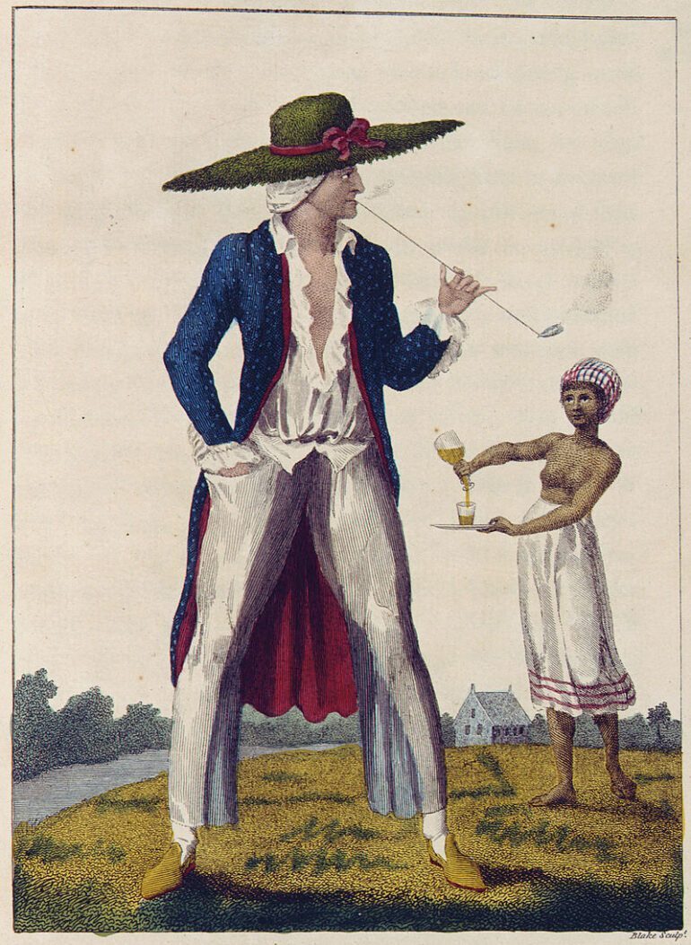 A 18th century painting of Dutch plantation owner and female slave from William Blake's illustrations of the work of John Gabriel Stedman.