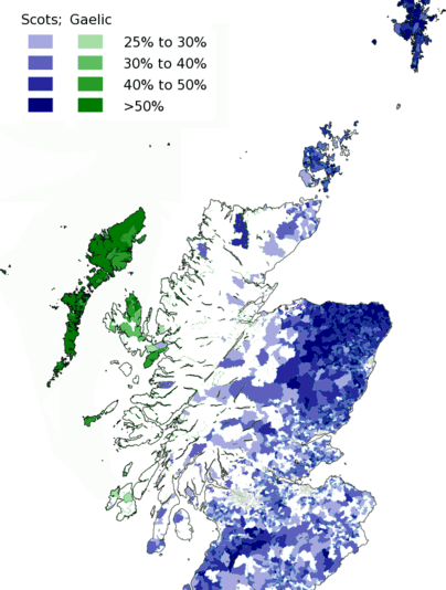 La proporción de encuestados en el censo de 2011 de 3 años o más que declararon que pueden hablar escocés o gaélico escocés.