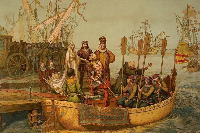 Primo viaggio di Colombo. 'Partenza per il Nuovo Mondo', Colombo dice addio alla regina Isabella e al re Ferdinando.