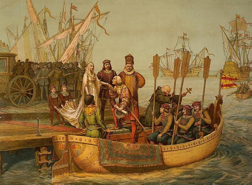 First Voyage of Columbus. 'Departure for the New World', Columbus bids farewell to Queen Isabella and King Ferdinand.