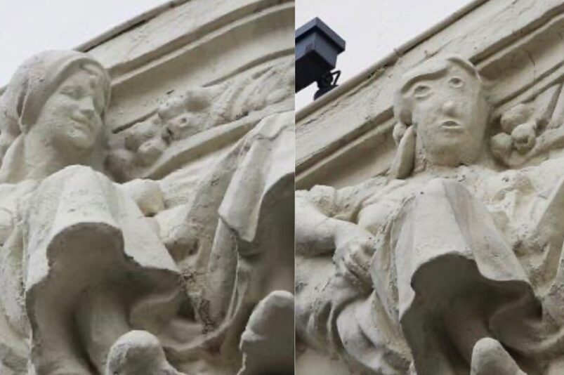 La statue avant et après la restauration.