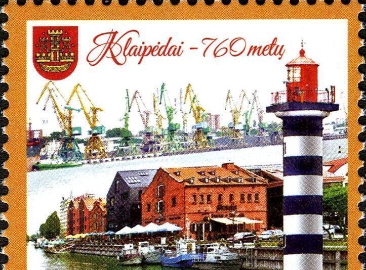 un sello lituano con el faro de Klaipeda
