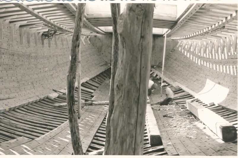 View inside hull during construction of caique. Tarsanas Shipyard, Syros. Courtesy of the Industrial Museum of Hermoupolis via Archipelago Network.
