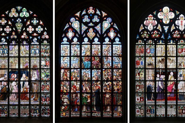 Three stained-glass windows in the Cathedral of Our Lady, Antwerp. Image: Alvegaspar via Wikimedia (CC BY-SA 4.0)