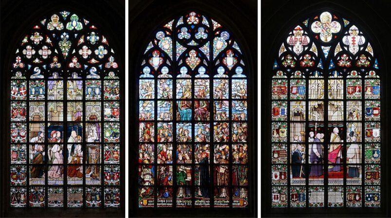 Three stained-glass windows in the Cathedral of Our Lady, Antwerp. Image: Alvegaspar via Wikimedia (CC BY-SA 4.0)